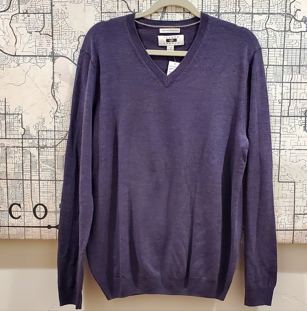 Joseph Abboud Purple 100% Extra Fine Merino Wool Vneck Sweater Mn's Lg NWT